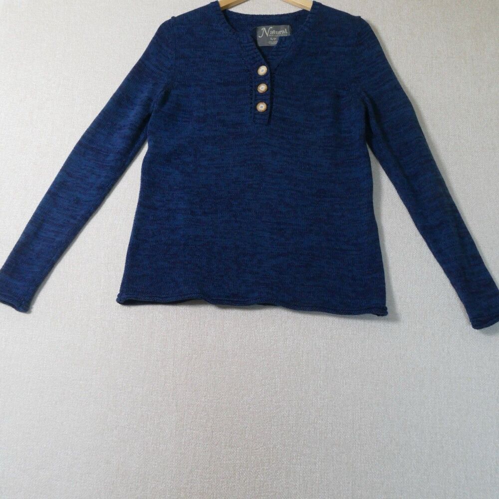 Natural Reflections Women’s S/P Petite 100% Cotton Blue Button Neck Pullover